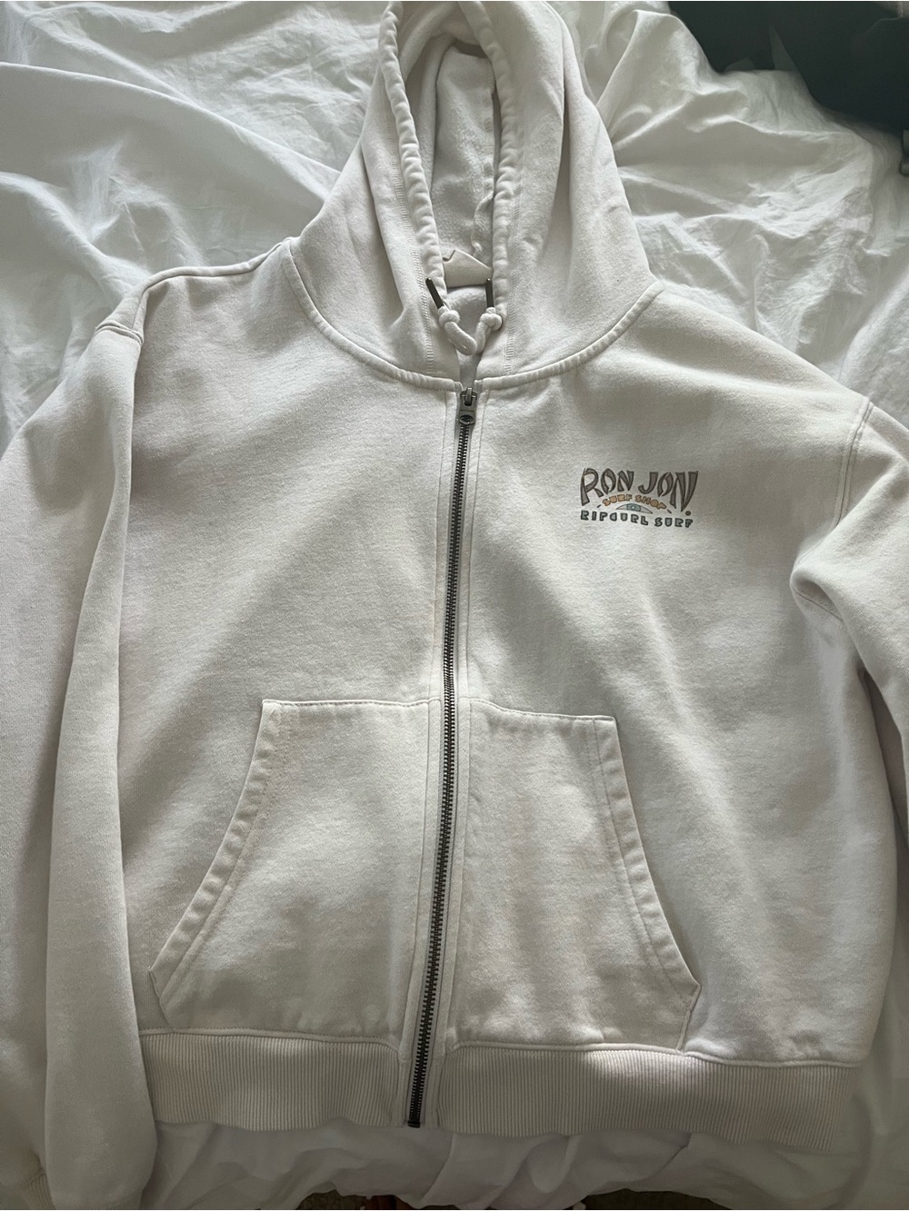 Ron Jon White Full-Zip Hoodie with Chest Logo